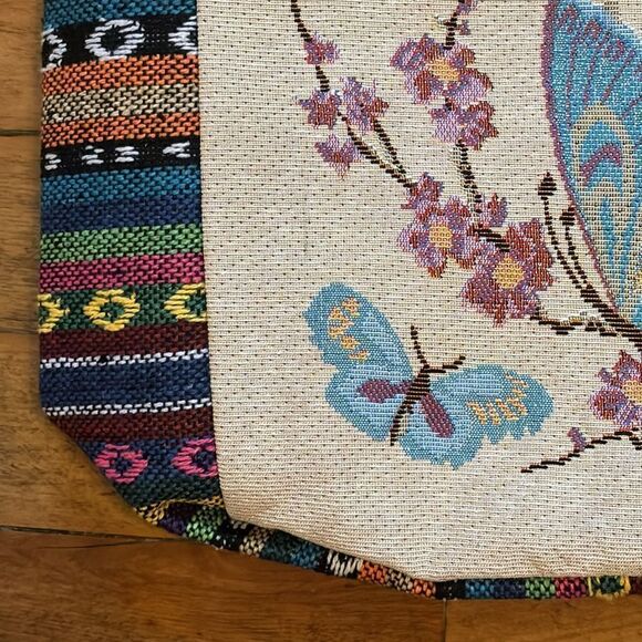 Embroidered Butterfly Canvas Hand Bag Tote Shaped Purse with Colorful Panels - Picture 3 of 6